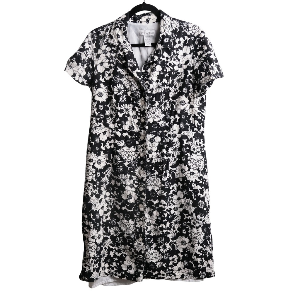 VTG Black White Floral Linen Blend Button Front Midi Shirt Dress 14 Mod 90s Prep